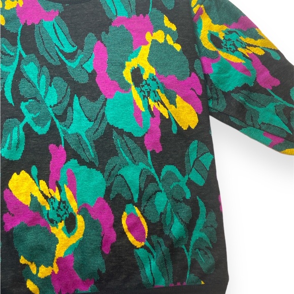 Black and Teal Floral Vintage Knit Sweater Medium - Picture 3 of 6